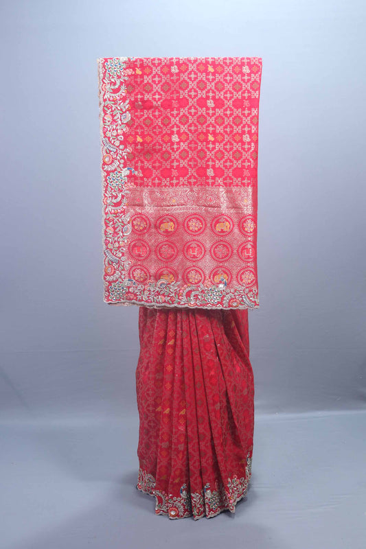 Red Banarasi Silk Saree with Heavy Zari Embroidered Border 