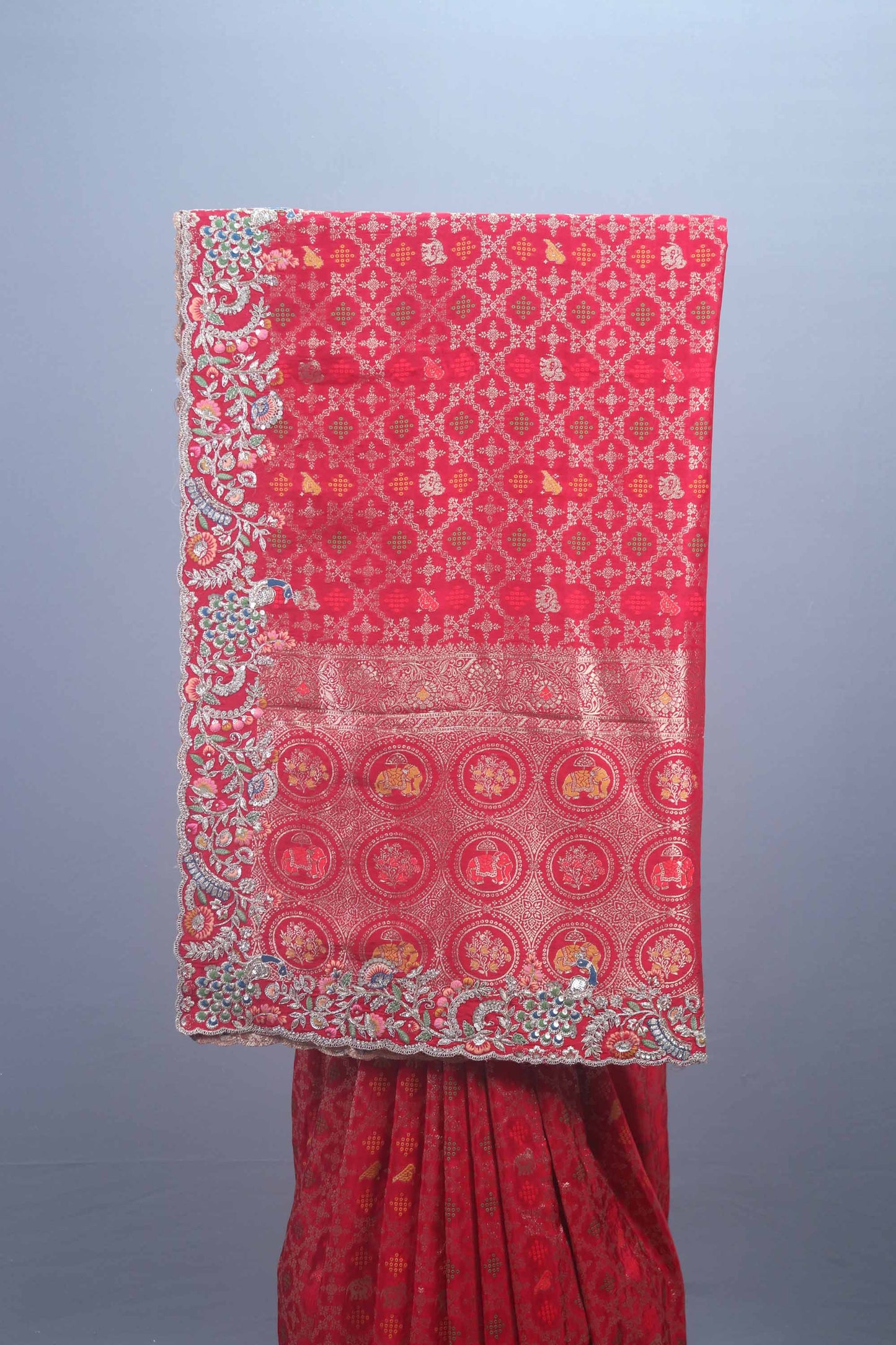 Red Banarasi Silk Saree with Heavy Zari Embroidered Border