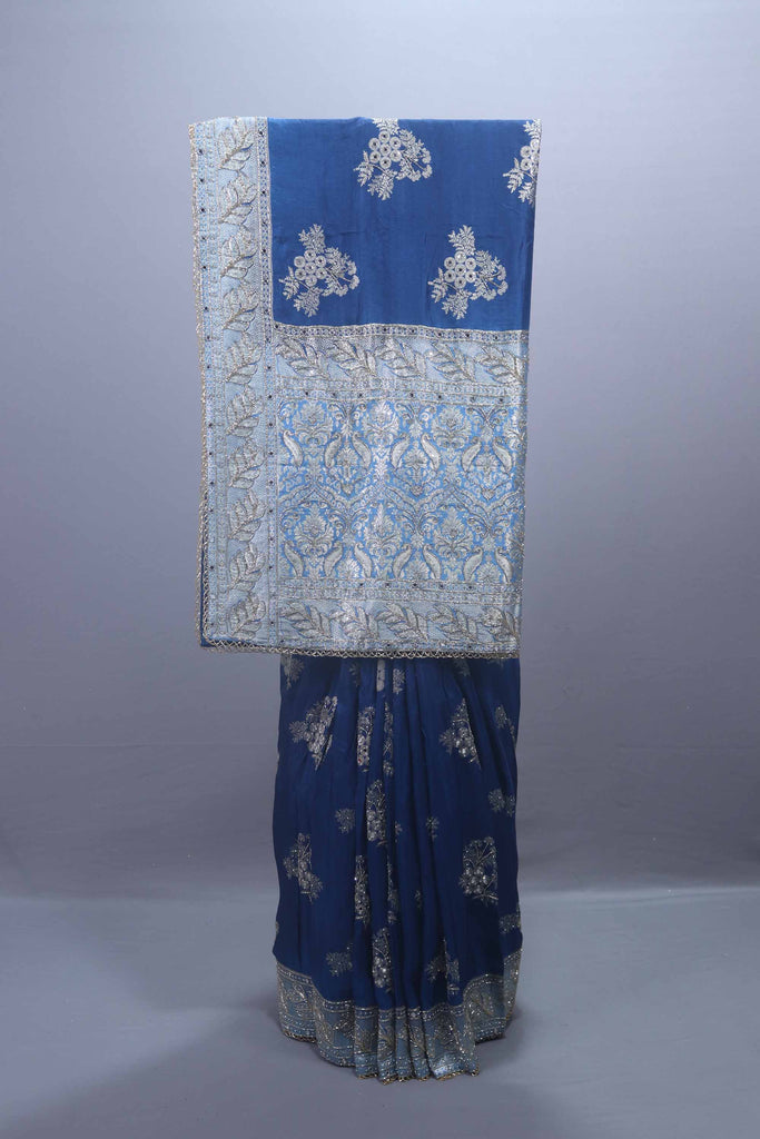 Royal Blue Georgette Saree with Heavy Silver Zari Embroidered Border 