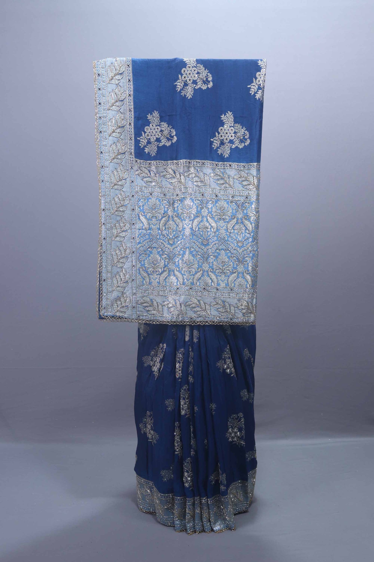 Royal Blue Georgette Saree with Heavy Silver Zari Embroidered Border 