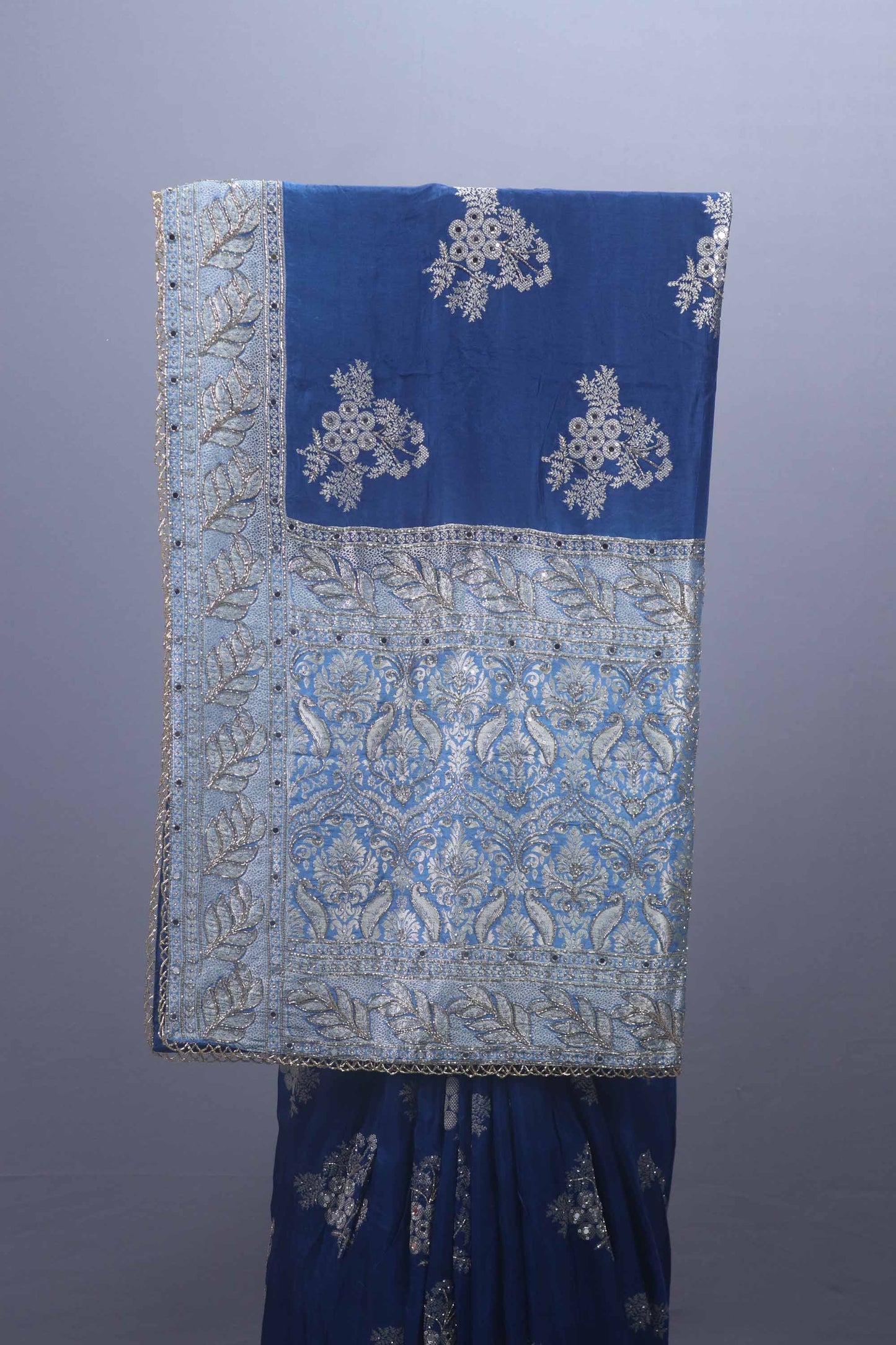 Royal Blue Georgette Saree with Heavy Silver Zari Embroidered Border