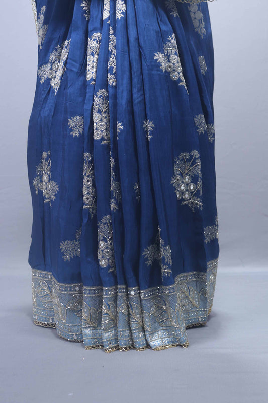 Royal Blue Georgette Saree with Heavy Silver Zari Embroidered Border