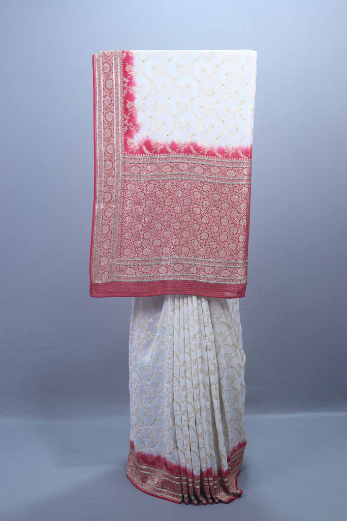 White Red Banarasi Silk Saree with Rich Zari Heavy Traditional Border