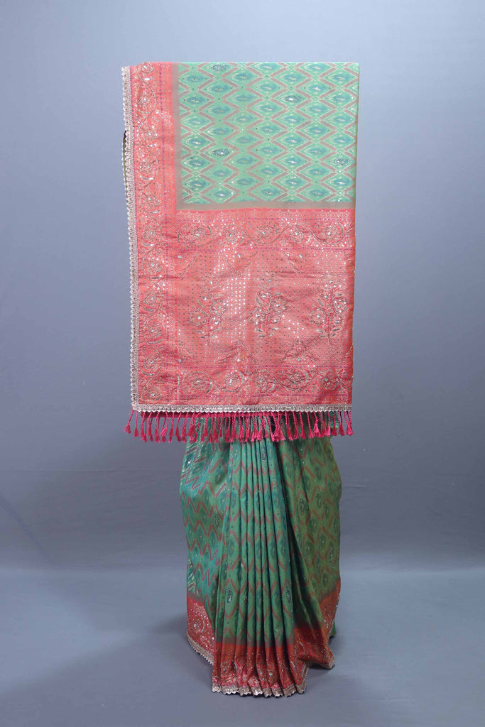 Sea Green and Coral Silk Saree with Mirror Heavy Border 
