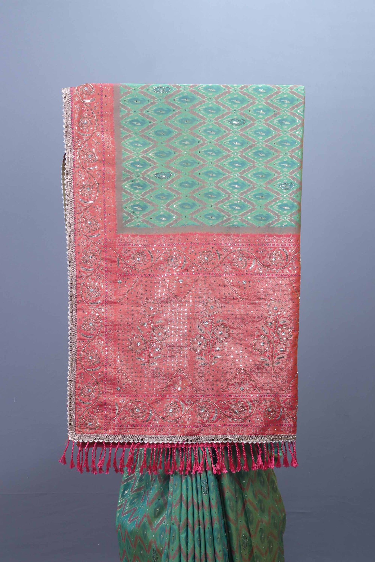 Sea Green and Coral Silk Saree with Mirror Heavy Border