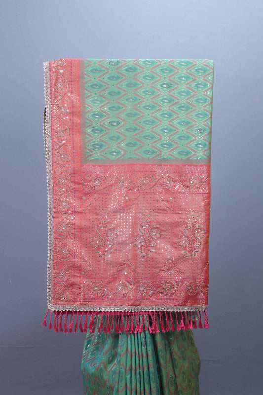 Sea Green and Coral Silk Saree with Mirror Heavy Border