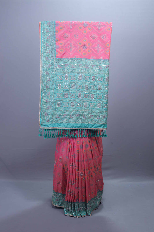 Designer Pink Saree with Teal Embroidered Pallu and Tassel Border