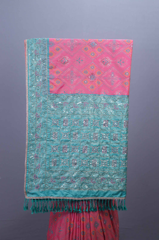 Designer Pink Saree with Teal Embroidered Pallu and Tassel Border