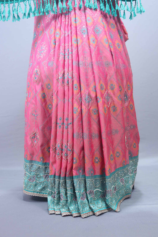 Designer Pink Saree with Teal Embroidered Pallu and Tassel Border