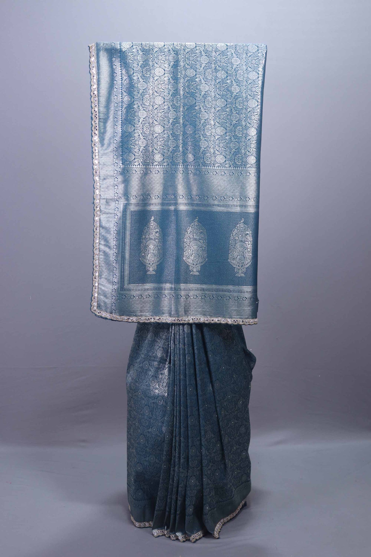 Designer Sky Blue Silk Saree with Intricate Silver Floral Motifs 