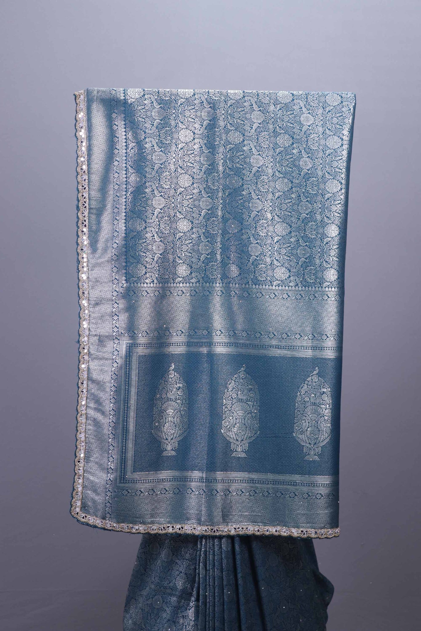 Designer Sky Blue Silk Saree with Intricate Silver Floral Motifs