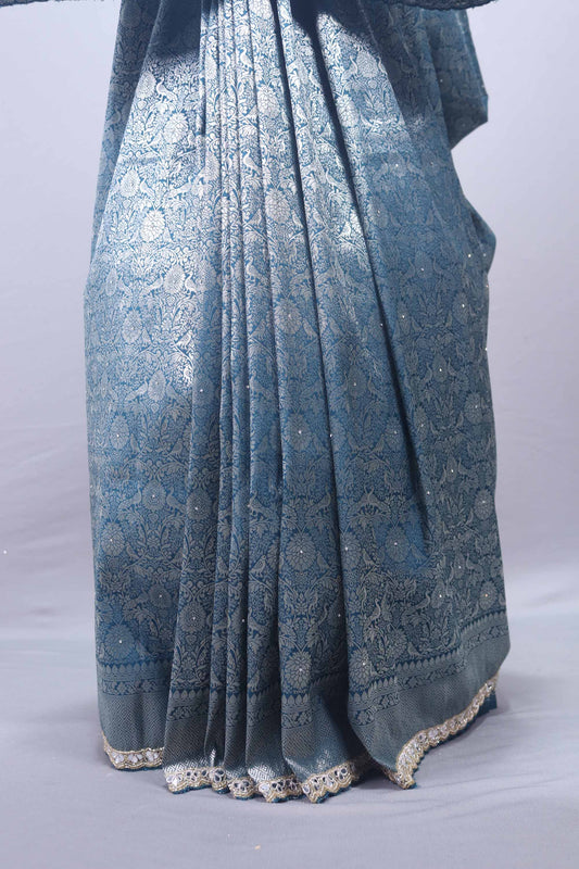 Designer Sky Blue Silk Saree with Intricate Silver Floral Motifs