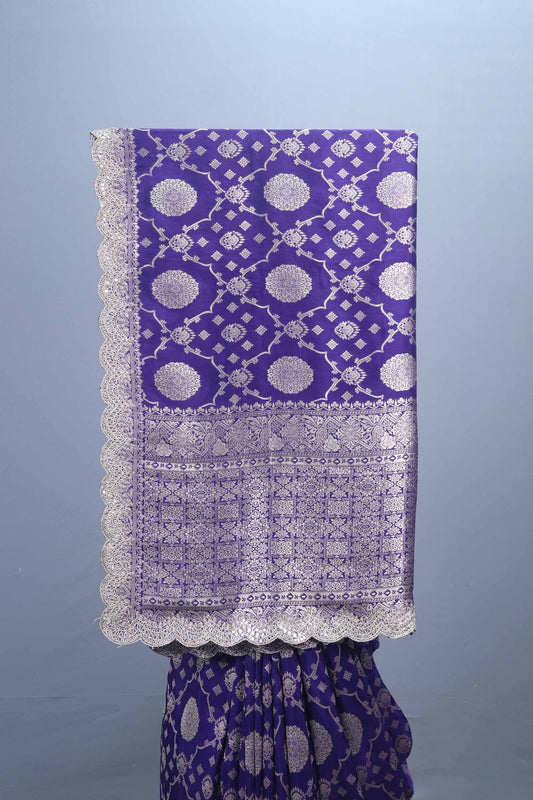 Purple Banarasi Silk Saree with Intricate Silver Motifs and Rich Border