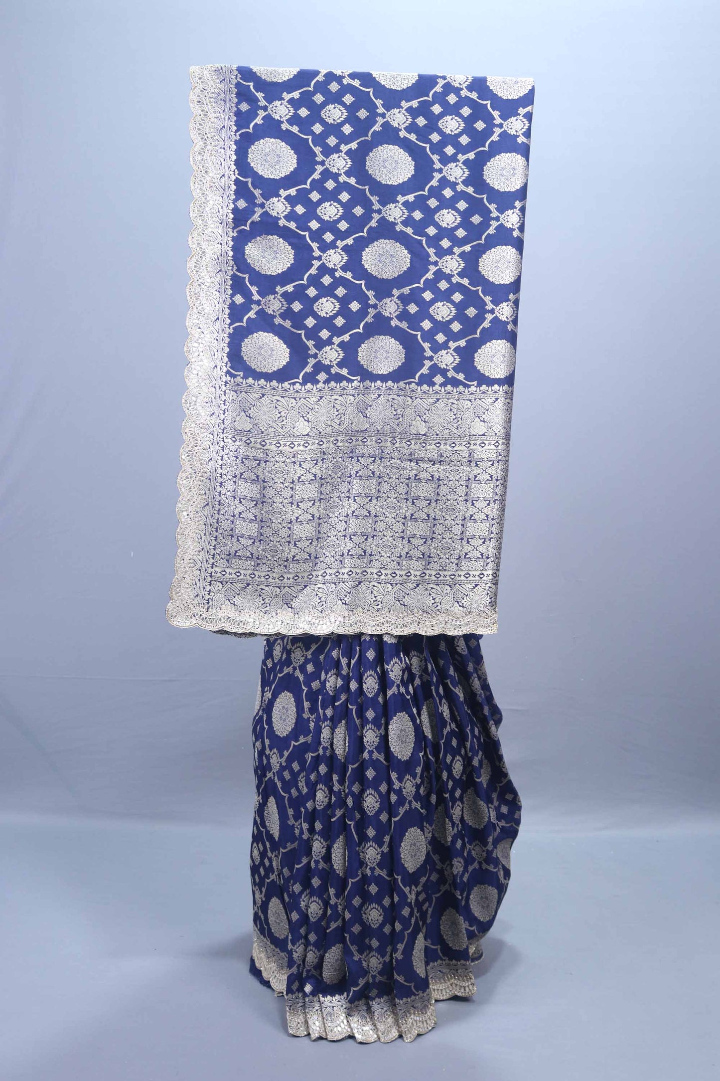 Blue Banarasi Style Silk Saree with Silver Motifs Rich Border