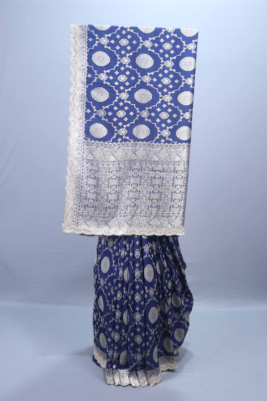 Blue Banarasi Style Silk Saree with Silver Motifs Rich Border