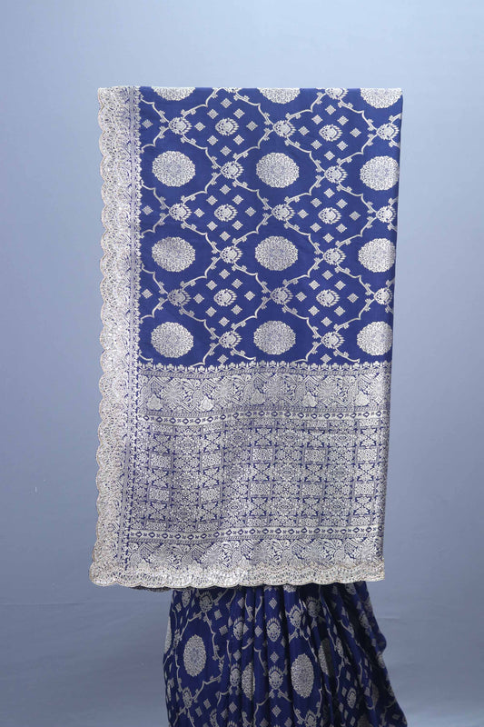 Blue Banarasi Style Silk Saree with Silver Motifs Rich Border