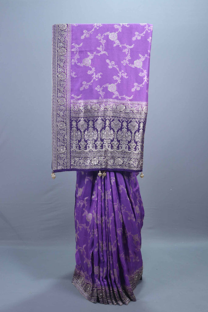 Royal Purple Embroidered Silk Saree with Heavy Silver Zari Border Pallu