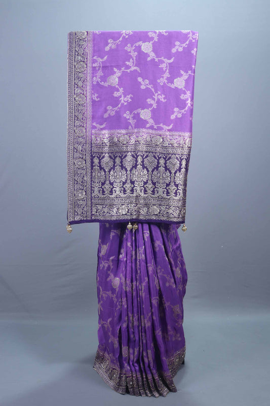 Royal Purple Embroidered Silk Saree with Heavy Silver Zari Border Pallu
