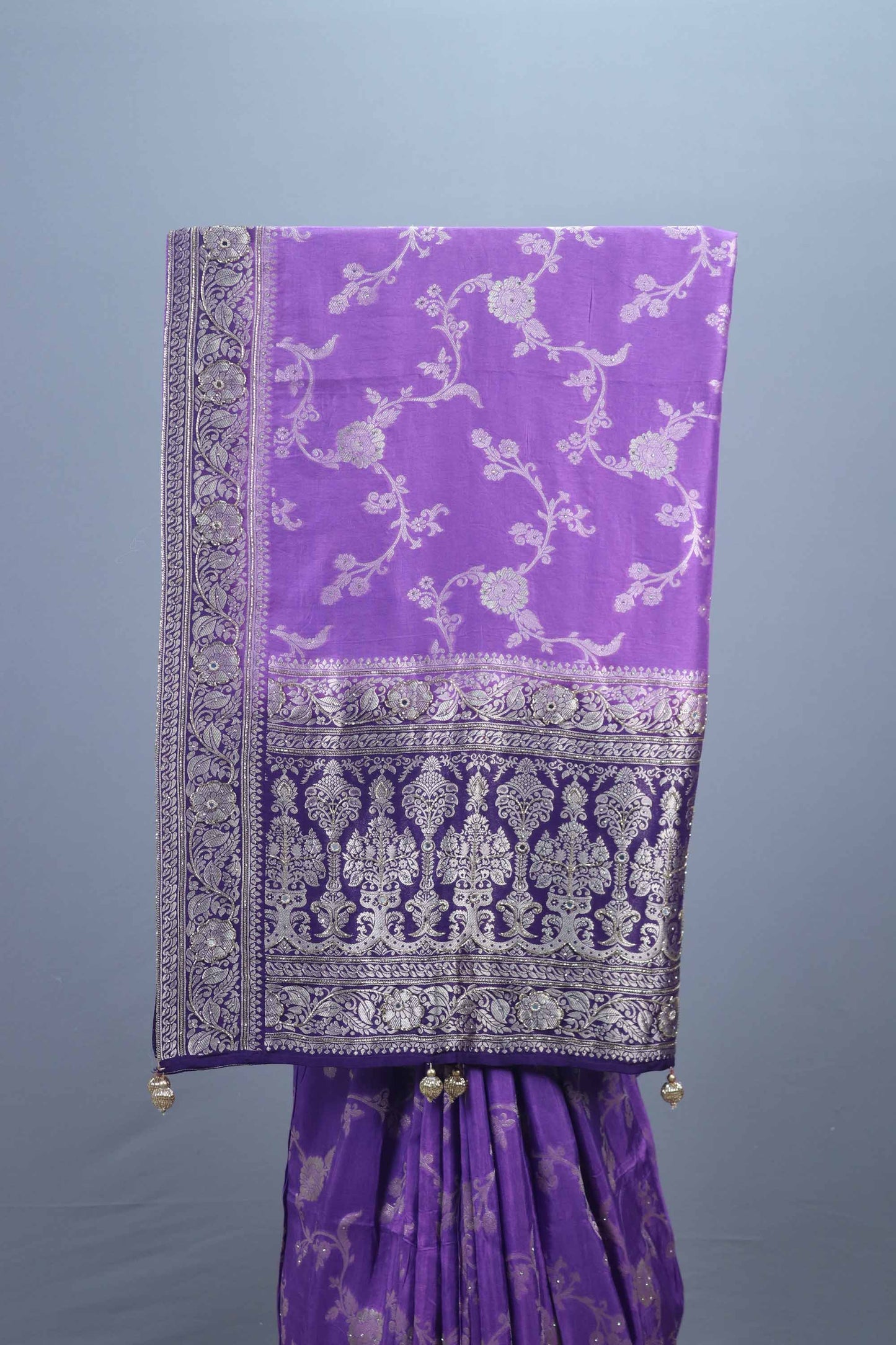 Royal Purple Embroidered Silk Saree with Heavy Silver Zari Border Pallu