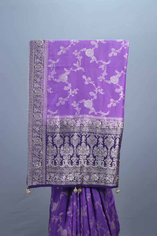Royal Purple Embroidered Silk Saree with Heavy Silver Zari Border Pallu