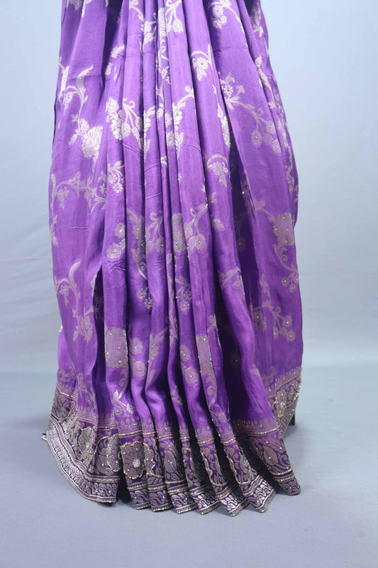 Royal Purple Embroidered Silk Saree with Heavy Silver Zari Border Pallu