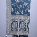 Navy Blue Floral Embroidered Silk Saree with Heavy Silver Zari Border