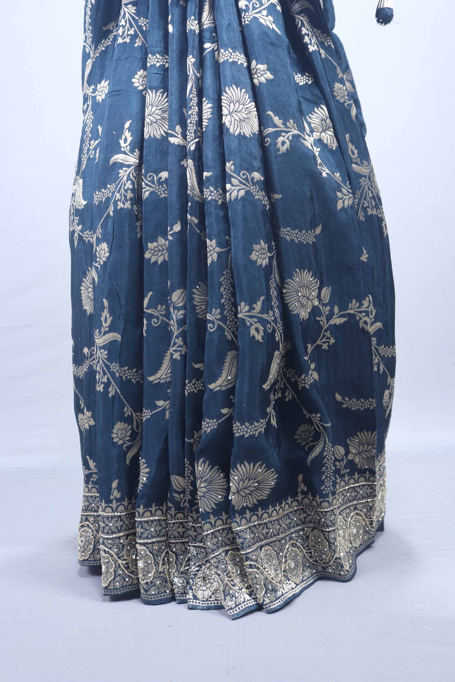 Navy Blue Floral Embroidered Silk Saree with Heavy Silver Zari Border