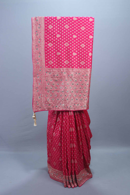 Rani Pink Embroidered Bandhani Silk Saree Heavy Zari Stone Work Border