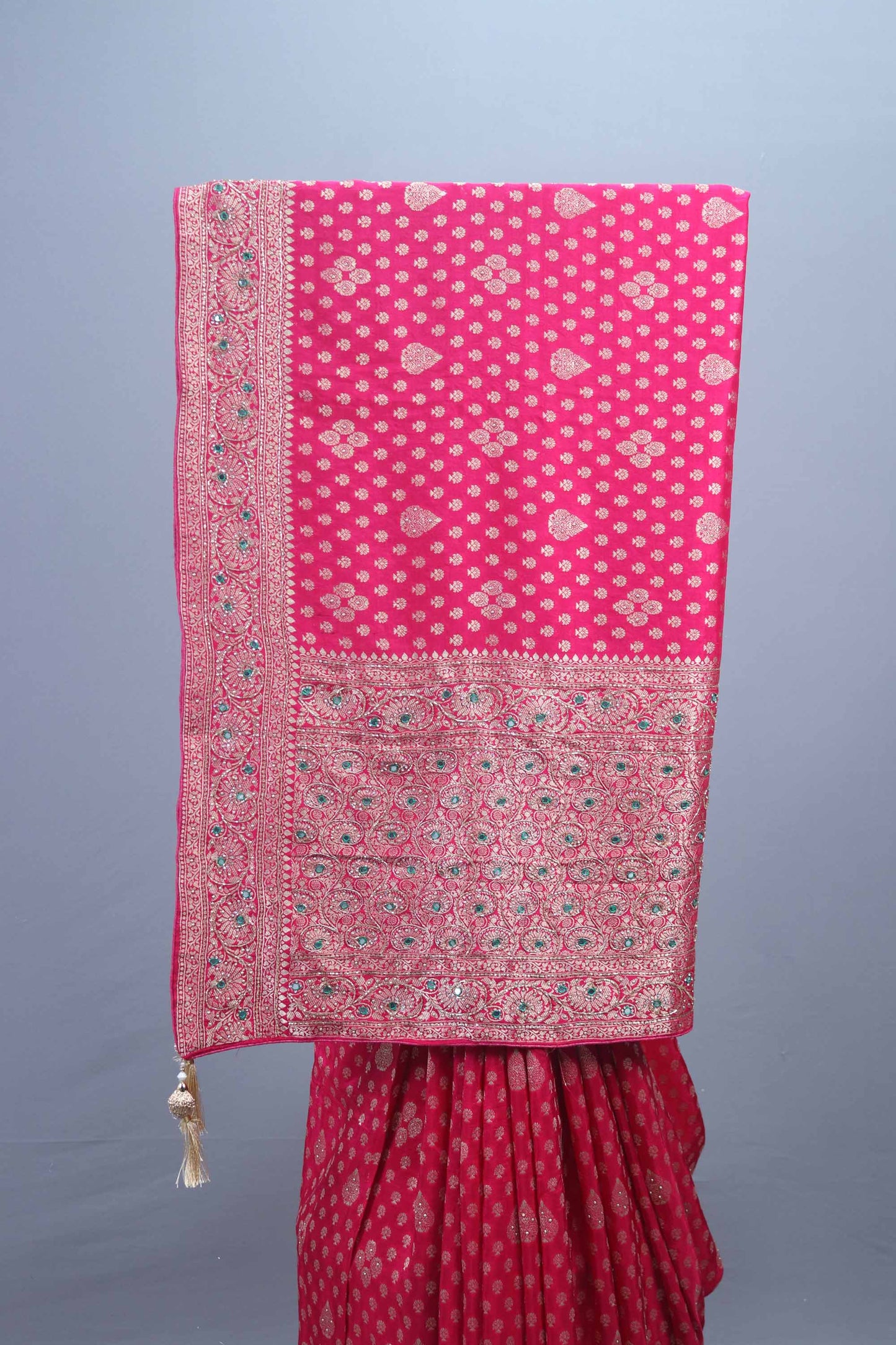 Rani Pink Embroidered Bandhani Silk Saree Heavy Zari Stone Work Border