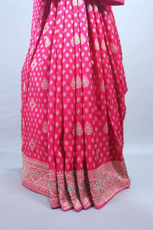 Rani Pink Embroidered Bandhani Silk Saree Heavy Zari Stone Work Border