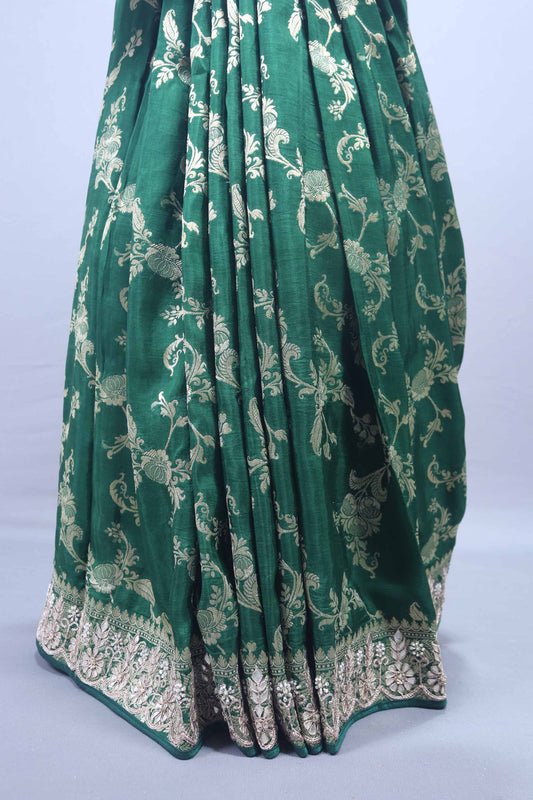 Dark Green Banarasi Style Silk Saree Silver Floral Motifs and Rich Border