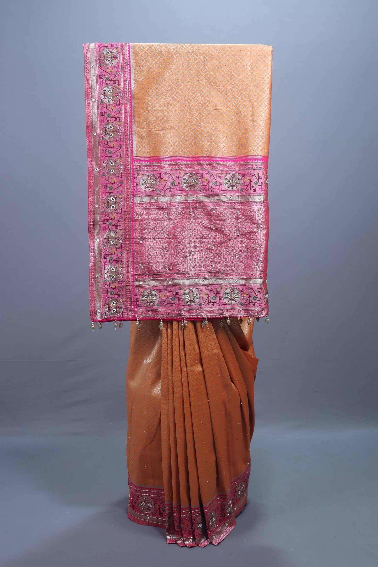 Orange Traditional Silk Saree with Pink Embroidered Border