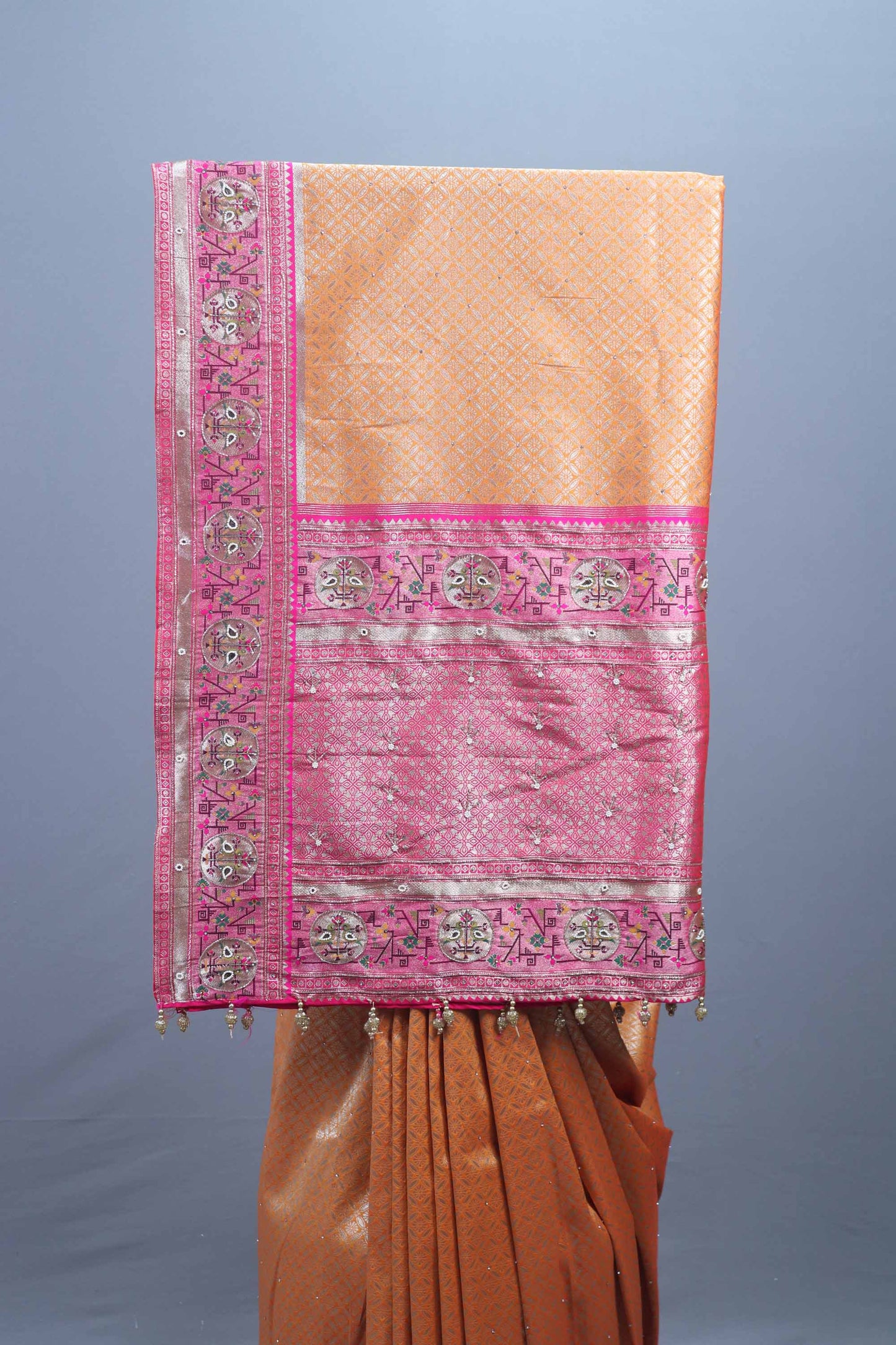 Orange Traditional Silk Saree with Pink Embroidered Border
