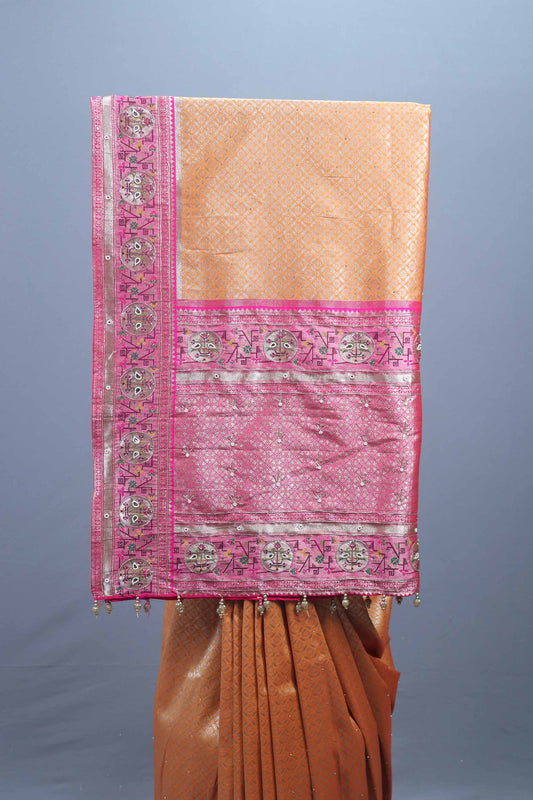 Orange Traditional Silk Saree with Pink Embroidered Border