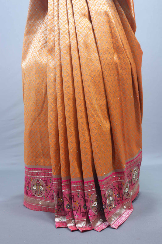 Orange Traditional Silk Saree with Pink Embroidered Border
