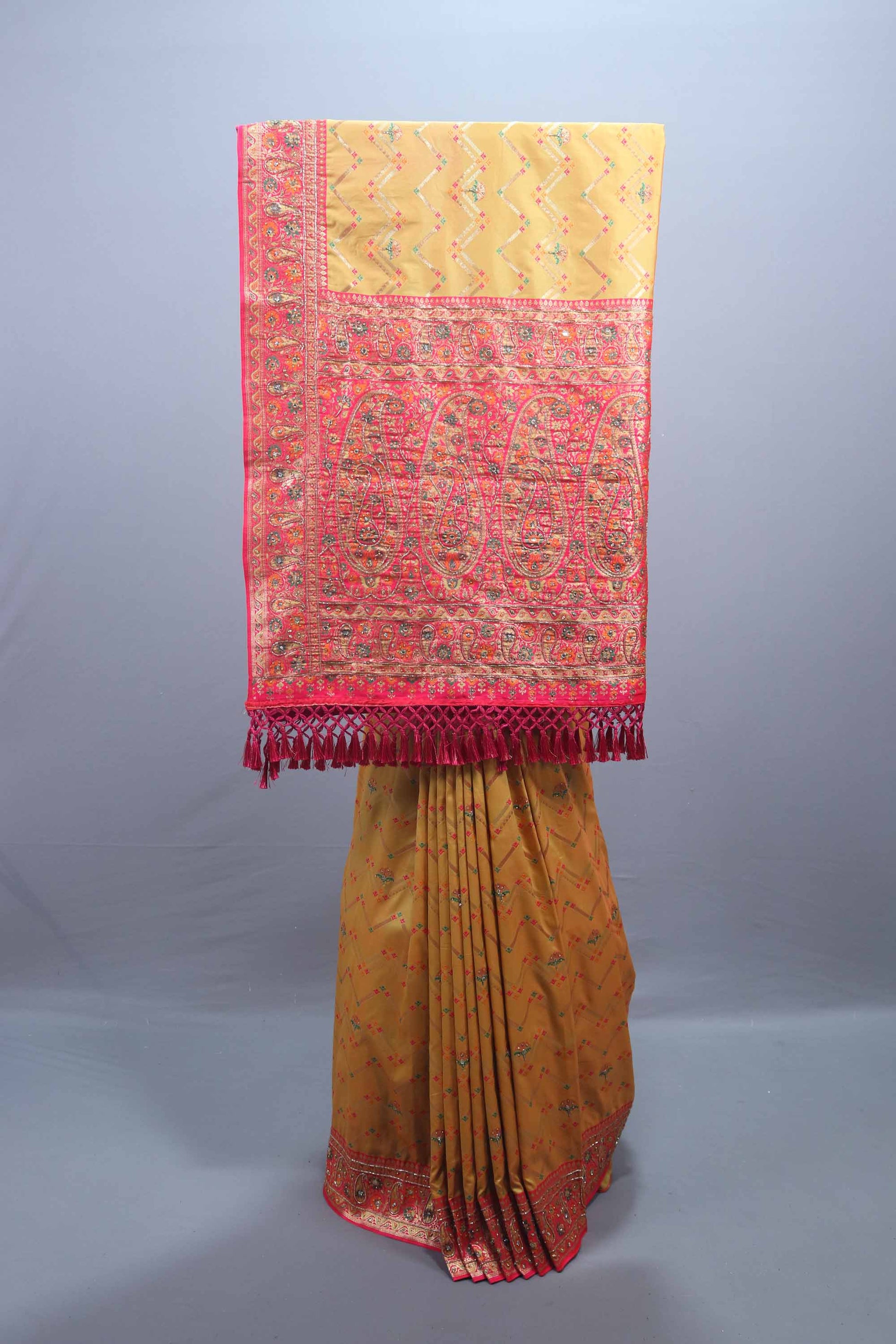Yellow Traditional Silk Saree with Heavy Red Woven Border