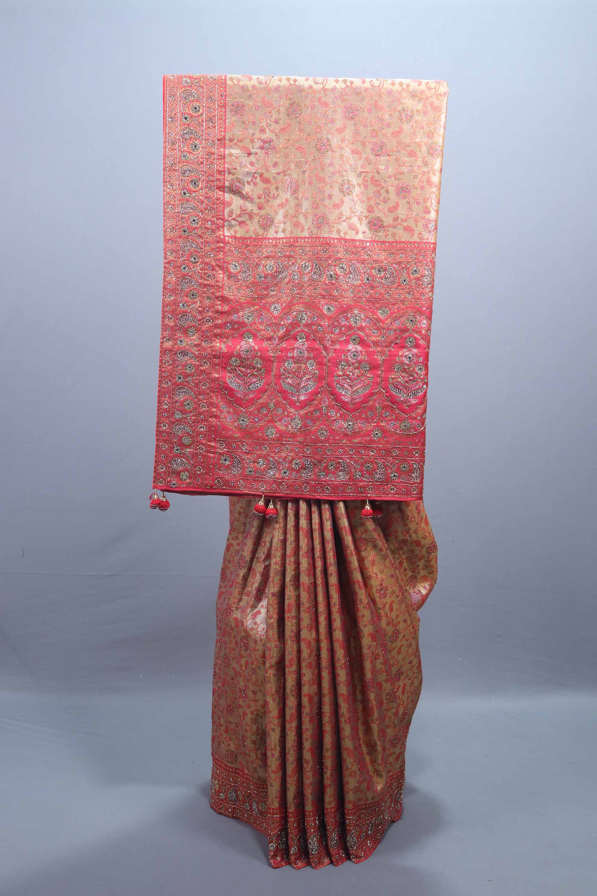 Golden Beige Traditional Silk Saree Rich Red Zari Work Heavy Border 