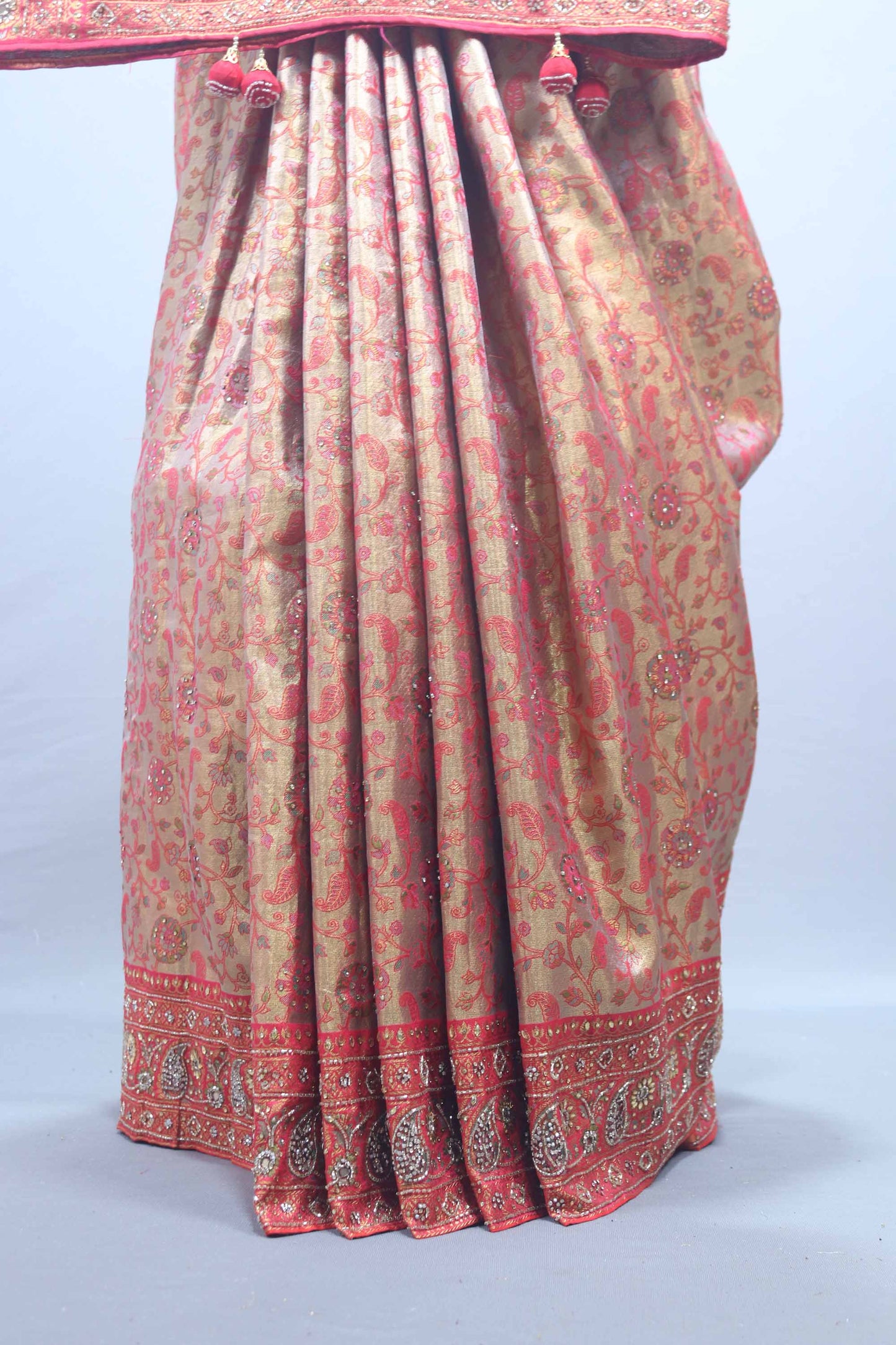 Golden Beige Traditional Silk Saree Rich Red Zari Work Heavy Border