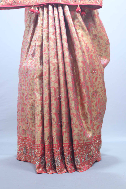 Golden Beige Traditional Silk Saree Rich Red Zari Work Heavy Border