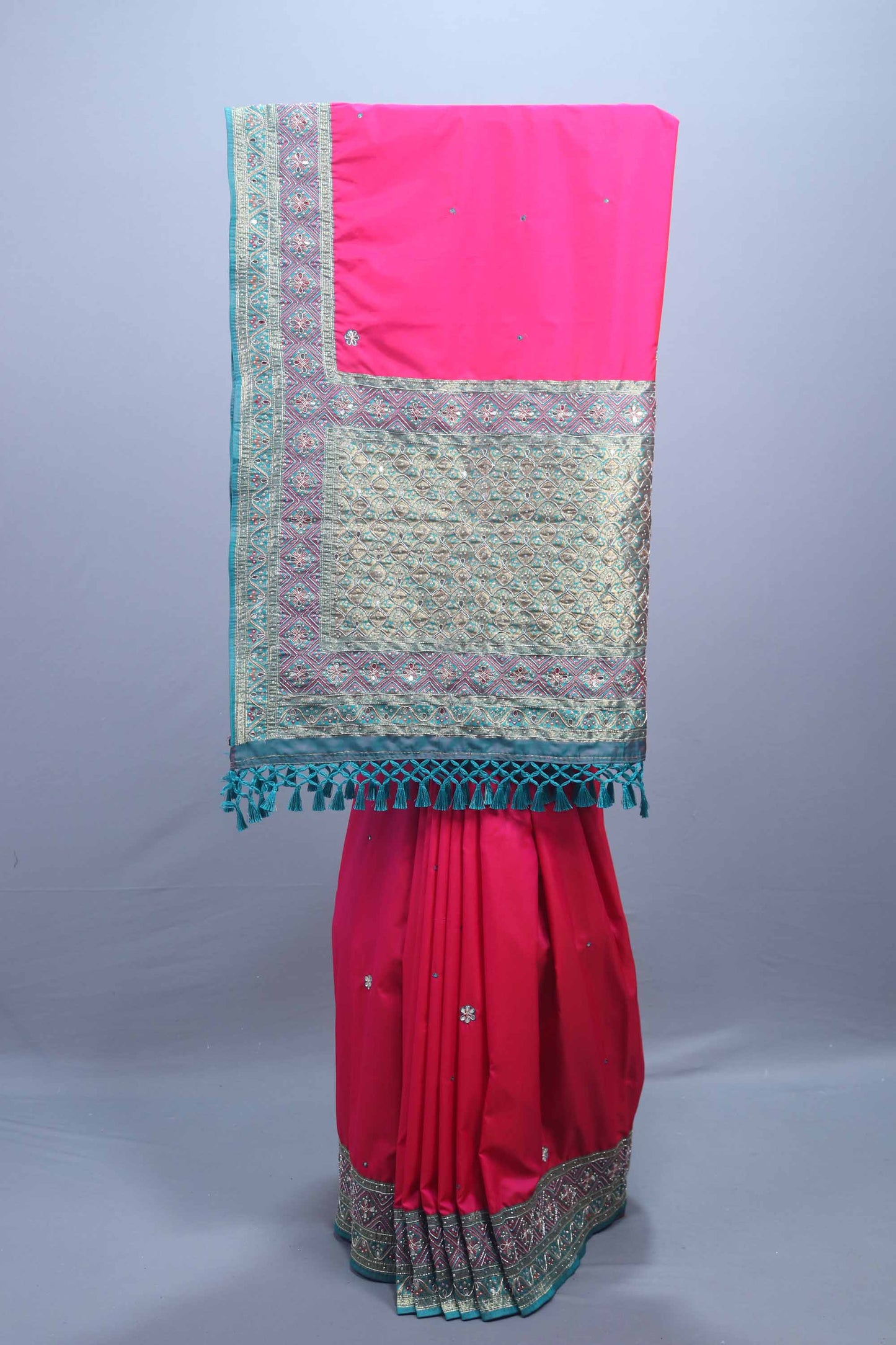 Rani Pink Traditional Silk Saree with Sea Green Zari Heavy Designer Border