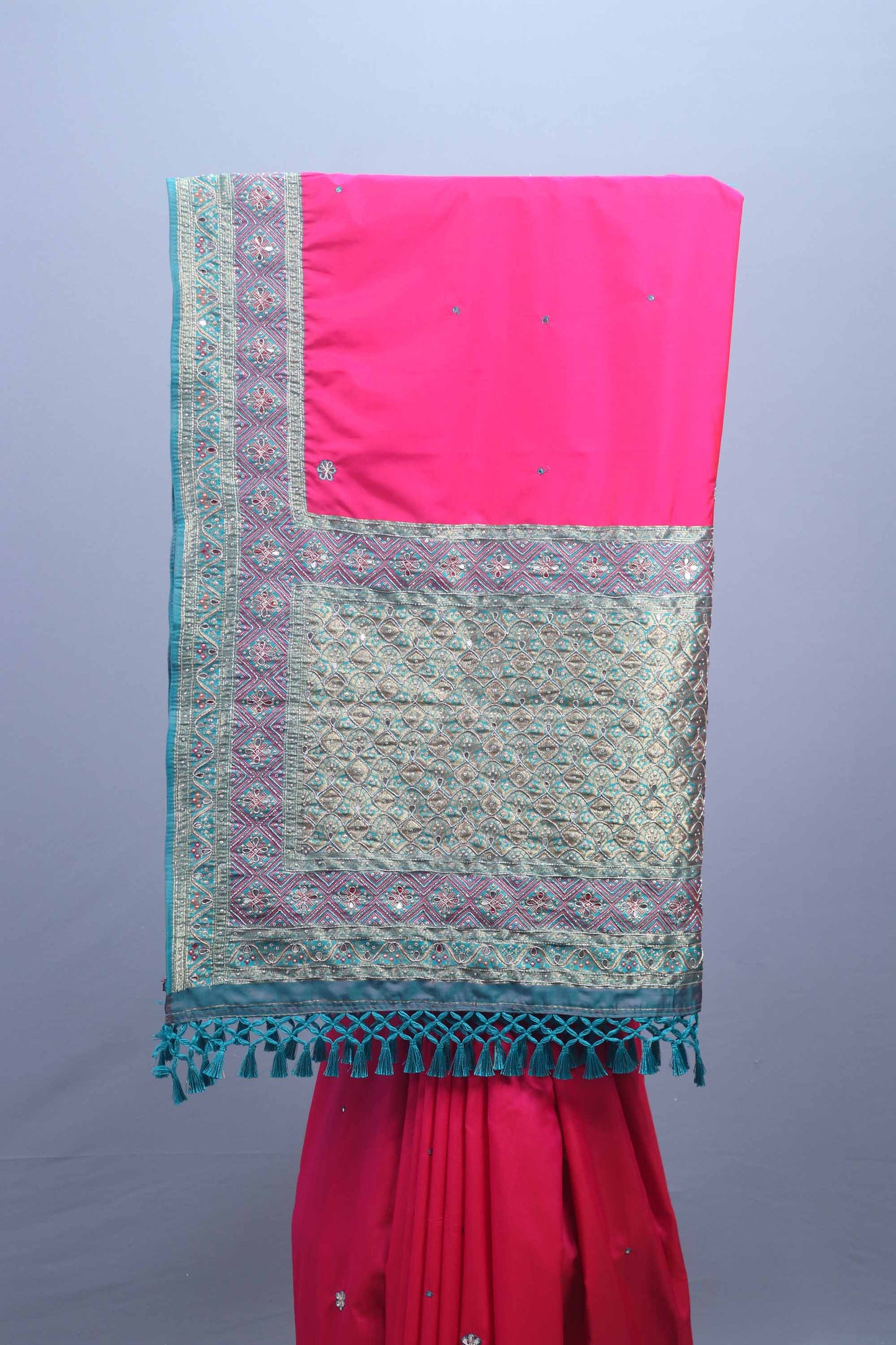 Rani Pink Traditional Silk Saree with Sea Green Zari Heavy Designer Border
