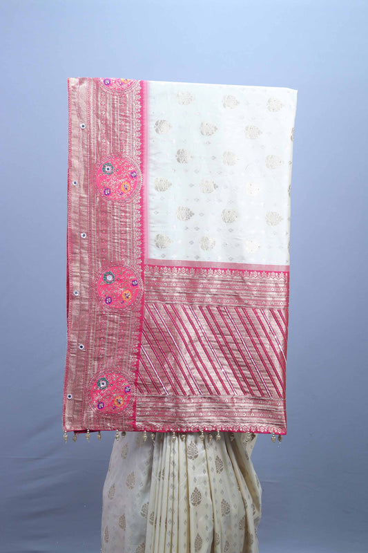 Off White Banarasi Silk Saree with Golden Motifs Pink Zari Border