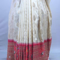 Off White Banarasi Silk Saree with Golden Motifs Pink Zari Border