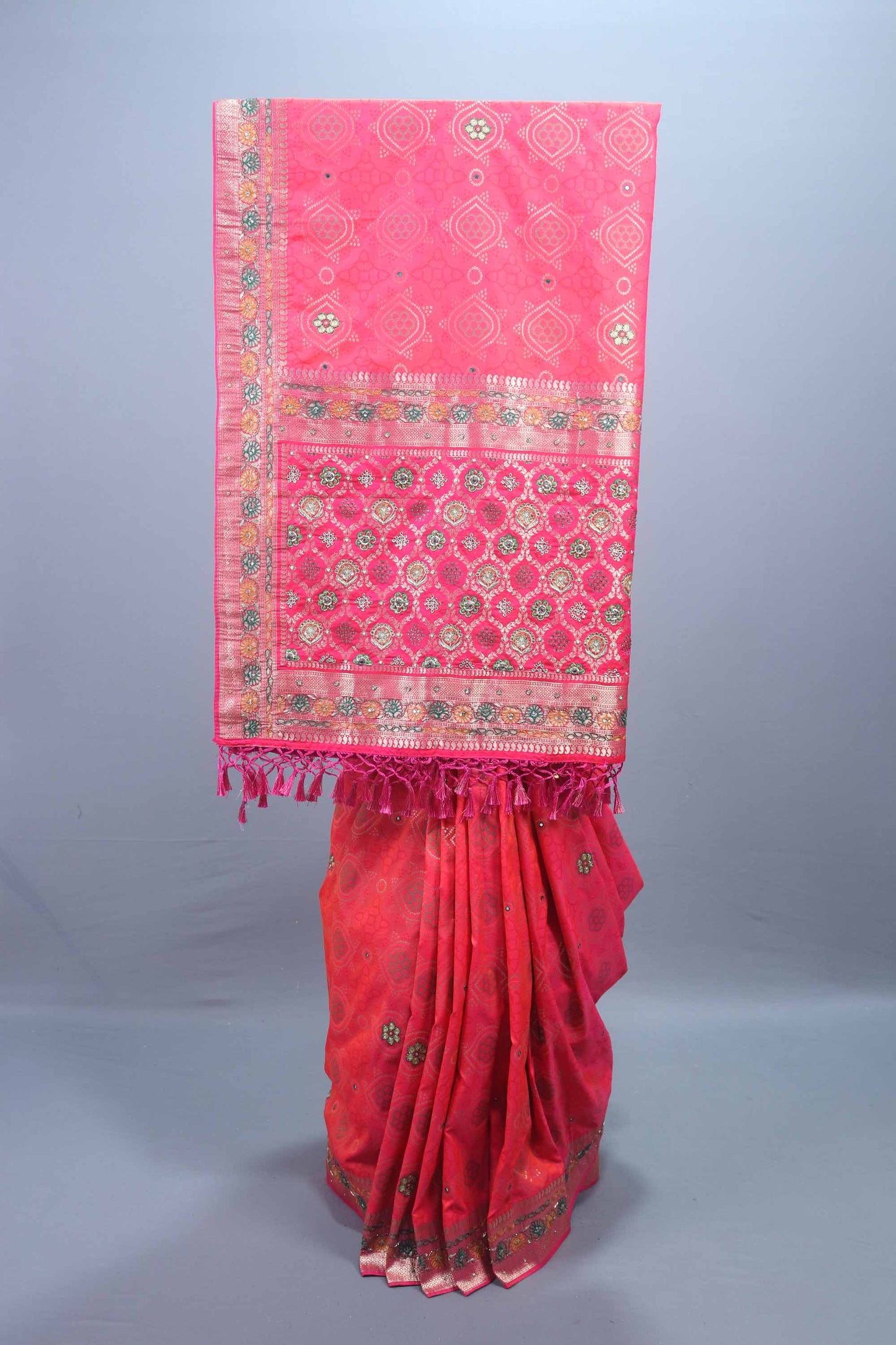 Rani Pink Banarasi Silk Saree Motifs Heavy Border Tassel Pallu 