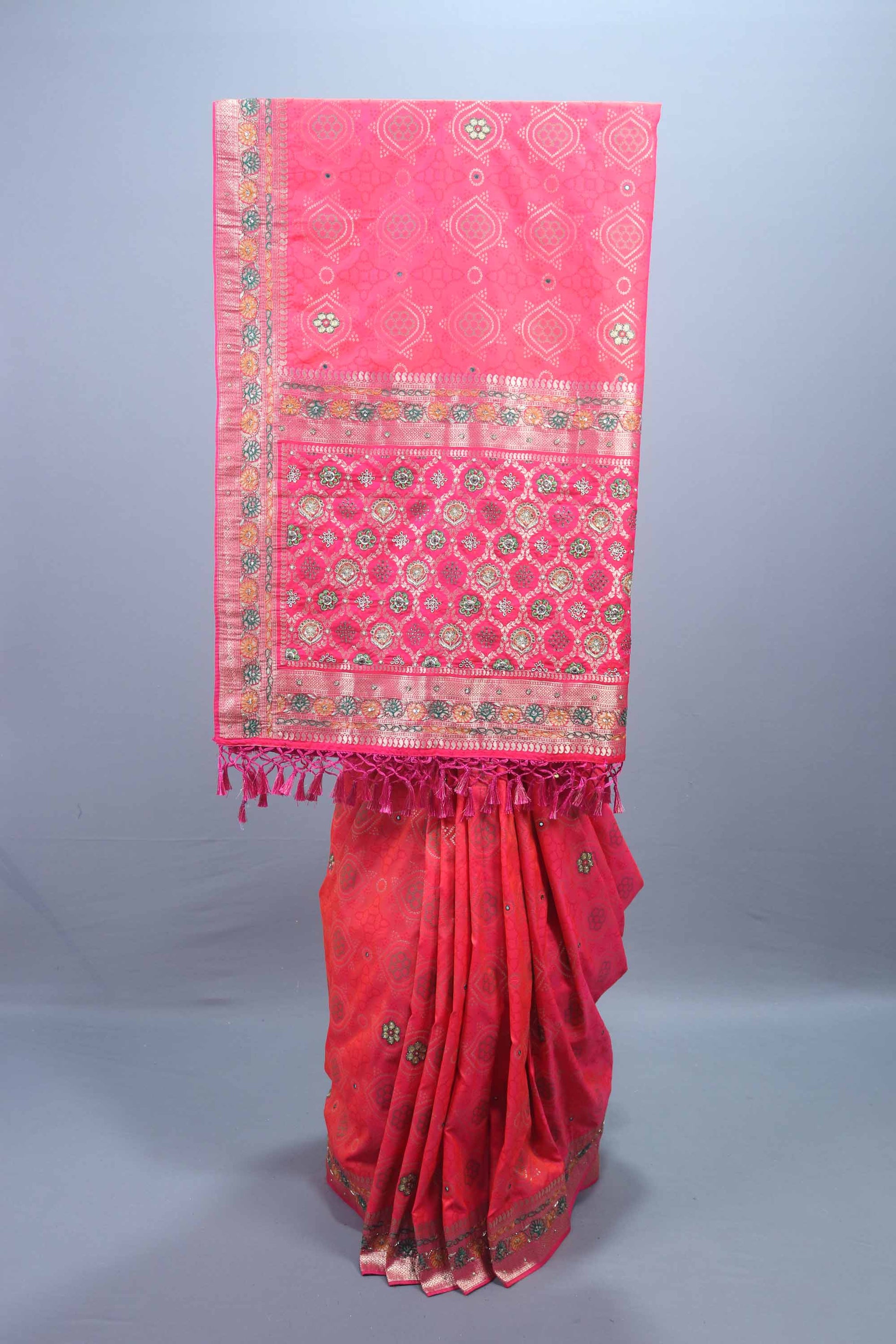 Rani Pink Banarasi Silk Saree Motifs Heavy Border Tassel Pallu 