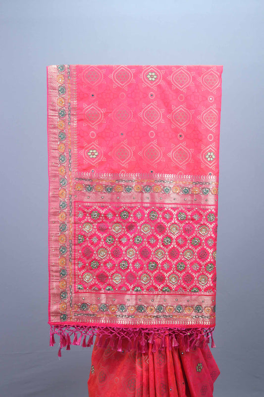 Rani Pink Banarasi Silk Saree Motifs Heavy Border Tassel Pallu