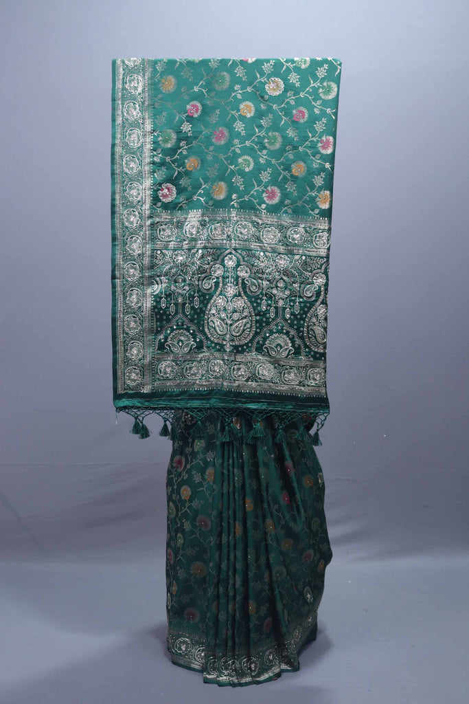 Green Embroidered Silk Saree with Floral Motifs Traditional Border 