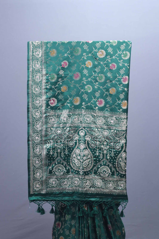 Green Embroidered Silk Saree with Floral Motifs Traditional Border