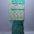 Teal Green Floral Embroidered Silk Saree with Designer Border 