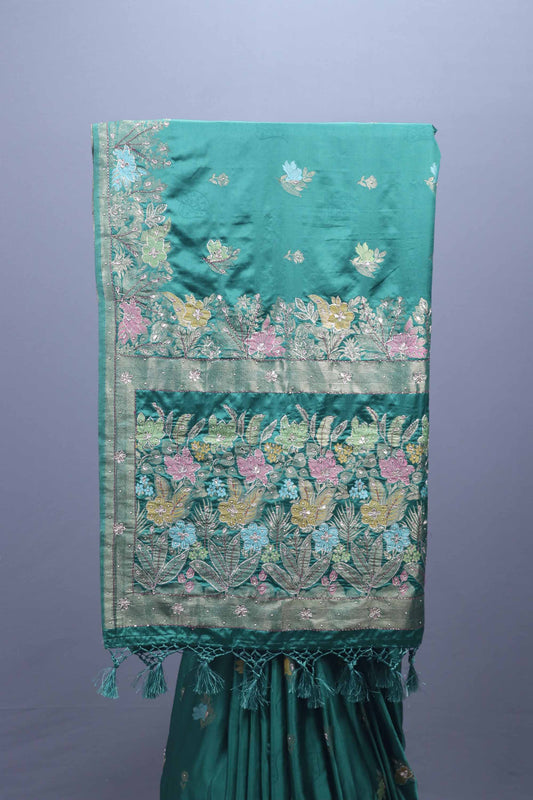 Teal Green Floral Embroidered Silk Saree with Designer Border